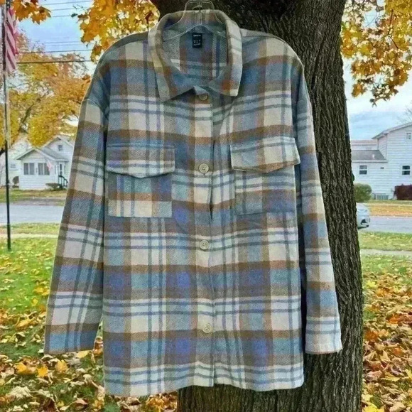 Blue White Brown Plaid Button Down Long Sleeve Tops Womens Size Medium - Picture 1 of 9